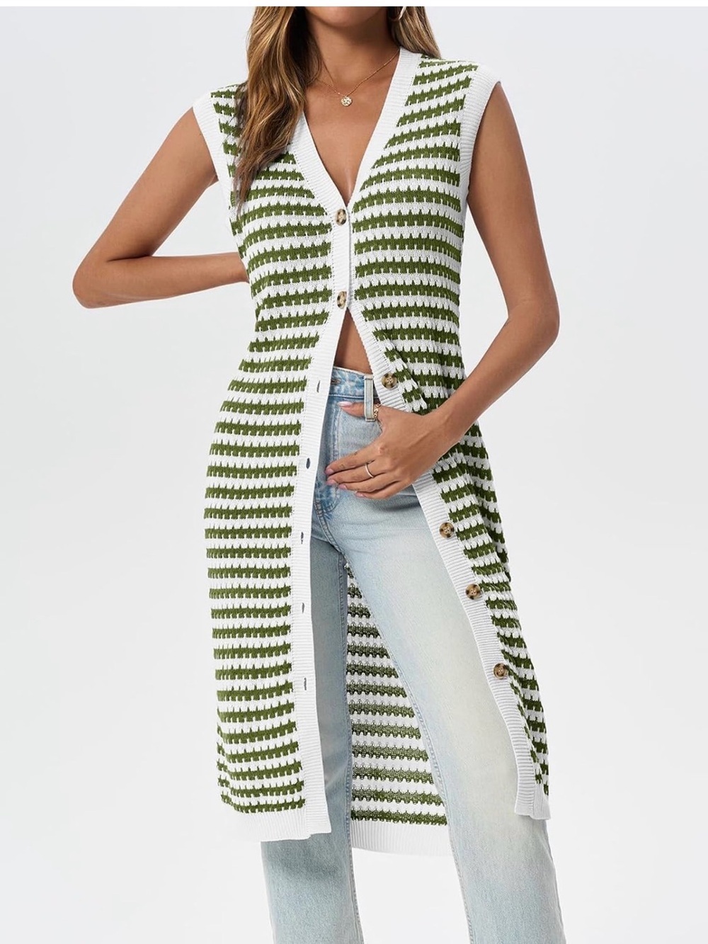 Sleeveless Cardigan Striped V Neck Button Up Knit Midi Dress - Size Medium